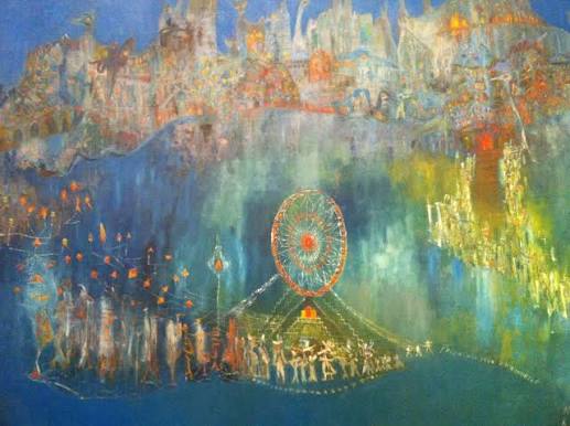 An abstract painting featuring a vibrant, colorful landscape with a large ferris wheel in the foreground and whimsical structures and figures in the background.
